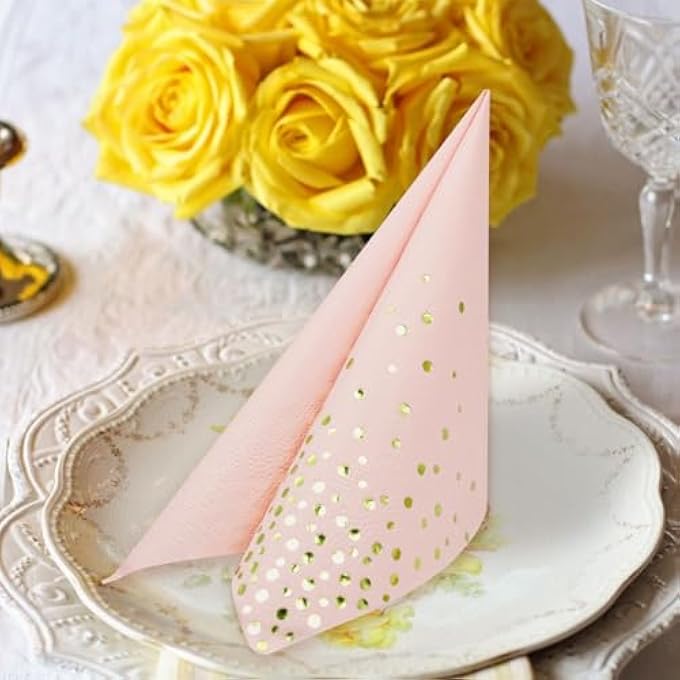 NAPKINS PINK GOLD PACK OF 50 POLKA DOTS WITH GOLD FOIL PARTY NAPKINS 3-PLY PAPER SERVING COCKTAIL NAPKINS 33 X 33 CM PAPER NAPKINS - Image 3